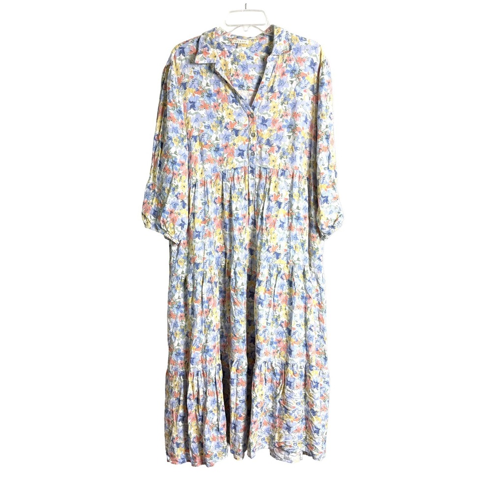 Kate & Sam Tiered Floral Midi Dress Womens Sz XXL Blue Pink Yellow Prairie‎ Boho